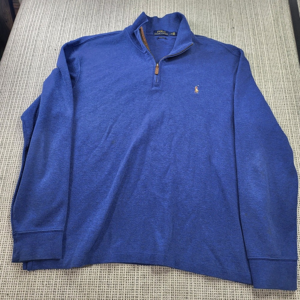Polo Ralph Lauren Pullover Mens L Blue Estate Rib Quarter Zip Pony Logo Sweater